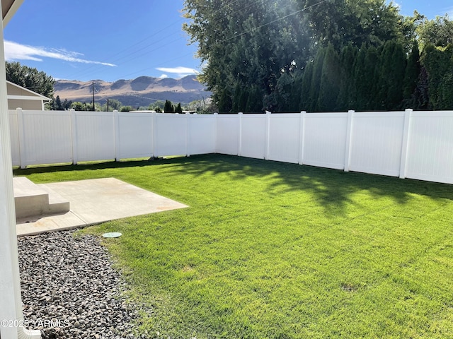 view of yard featuring a fenced backyard, a mountain view, and a patio area