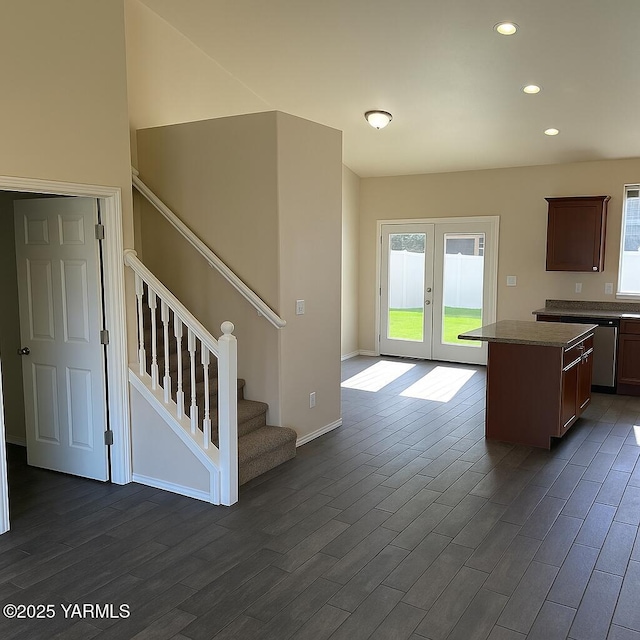 kitchen with a center island, recessed lighting, dark wood-style floors, and french doors