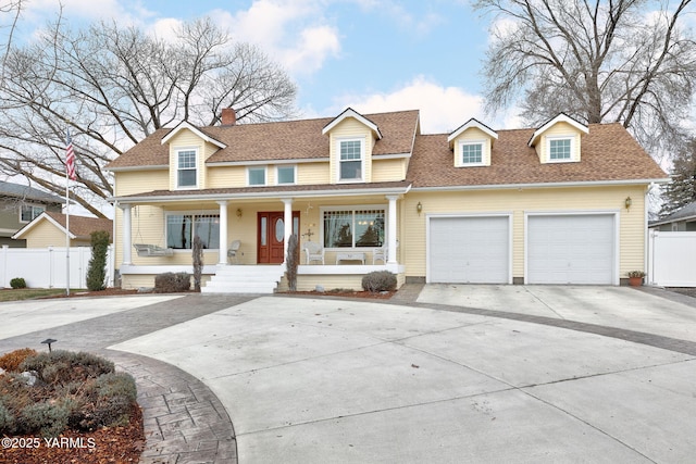 cape cod home featuring a garage, driveway, a porch, and a shingled roof