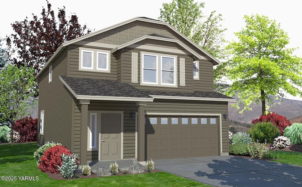 craftsman-style home featuring a garage, concrete driveway, roof with shingles, and a front lawn