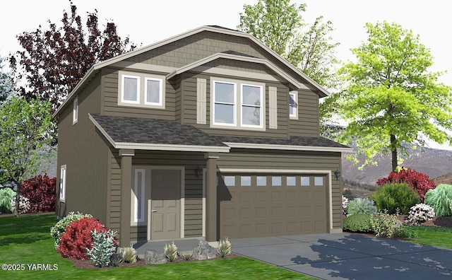 craftsman-style home featuring a garage, concrete driveway, roof with shingles, and a front lawn