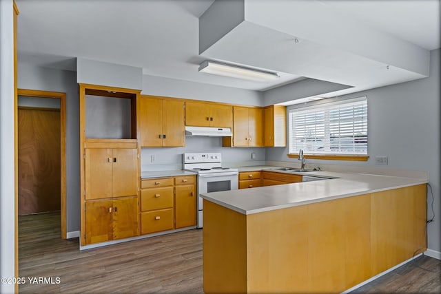 419 S 58th Ave, Yakima, WA 98908 - kitchen featuring electric stove, a sink, under cabinet range hood, a peninsula, and dark wood-type flooring
