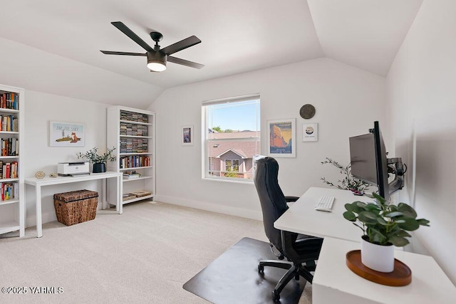 703 S 87th Ave, Yakima, WA 98908 - carpeted office with lofted ceiling, a ceiling fan, baseboards, and built in features