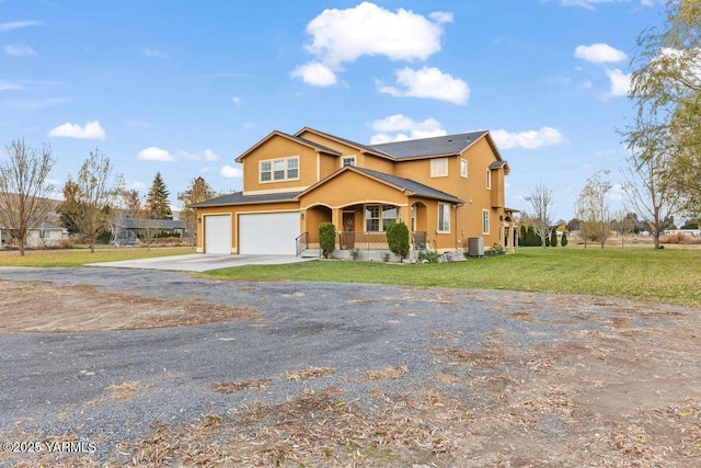 view of front of home featuring driveway, an attached garage, a front lawn, a porch, and stucco siding