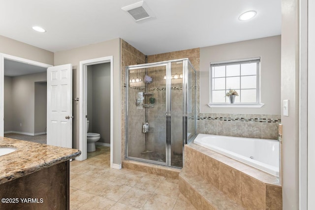 full bath with a stall shower, visible vents, toilet, vanity, and a bath