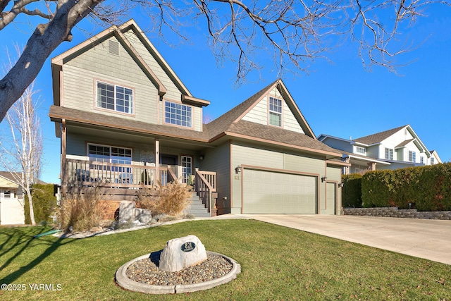 view of front of home with a garage, covered porch, a front lawn, and concrete driveway