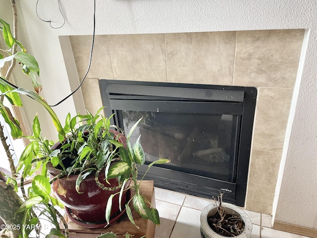 room details with a tile fireplace