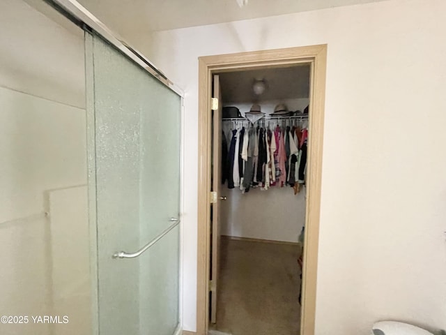 full bath with a walk in closet and a stall shower