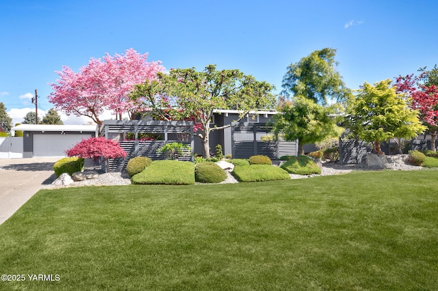 view of front facade featuring a garage, driveway, and a front yard