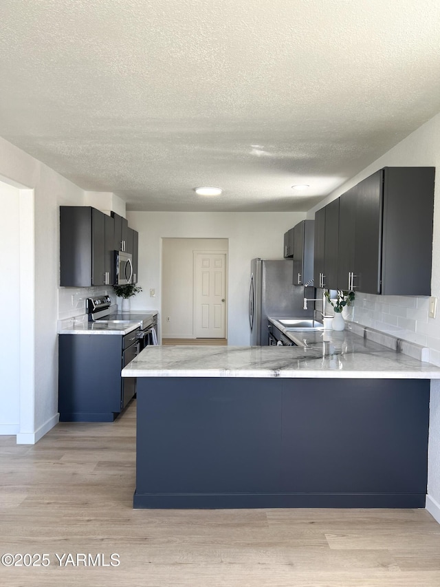 409 Elm Ave, Grandview, WA 98930 - kitchen with stainless steel appliances, a peninsula, a textured ceiling, light wood-type flooring, and tasteful backsplash