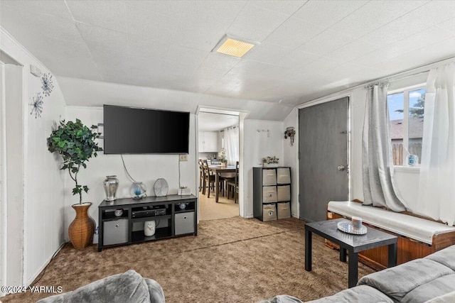 living area featuring light colored carpet