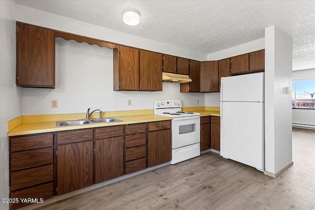 kitchen with under cabinet range hood, white appliances, light wood-type flooring, and a sink