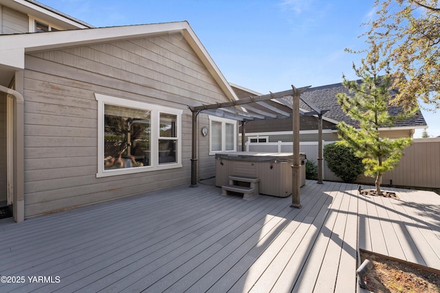 8704 Meadow Ln, Yakima, WA 98908 - wooden terrace featuring a hot tub, a pergola, and fence