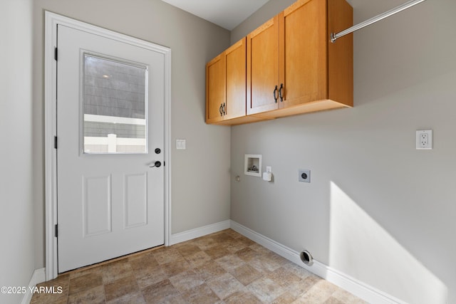 8704 Meadow Ln, Yakima, WA 98908 - laundry area featuring washer hookup, baseboards, cabinet space, and hookup for an electric dryer