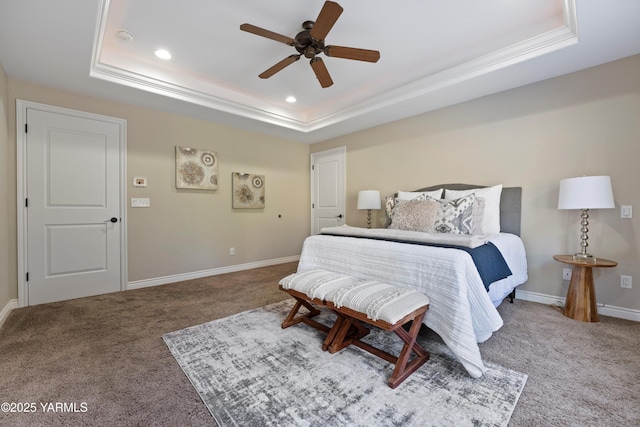 8704 Meadow Ln, Yakima, WA 98908 - bedroom featuring a tray ceiling, carpet flooring, recessed lighting, baseboards, and crown molding