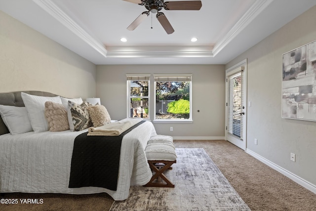 8704 Meadow Ln, Yakima, WA 98908 - carpeted bedroom with a tray ceiling, access to outside, ornamental molding, a ceiling fan, and baseboards