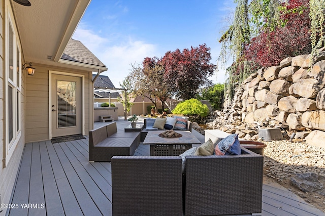 8704 Meadow Ln, Yakima, WA 98908 - wooden terrace with an outdoor living space with a fire pit