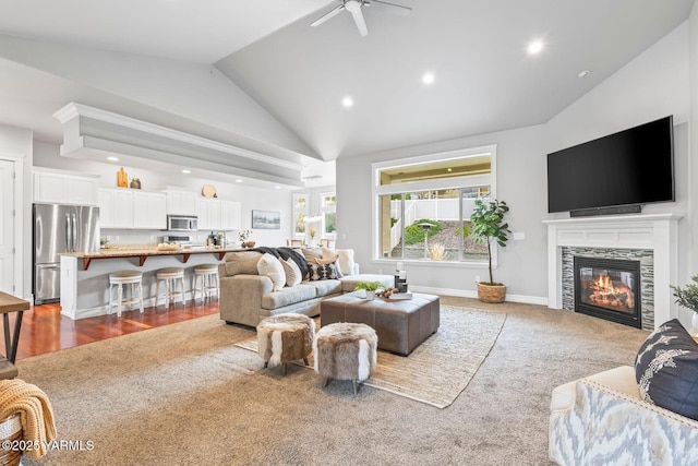 607 N 74th Ave, Yakima, WA 98908 - carpeted living room with baseboards, a tile fireplace, recessed lighting, and a ceiling fan