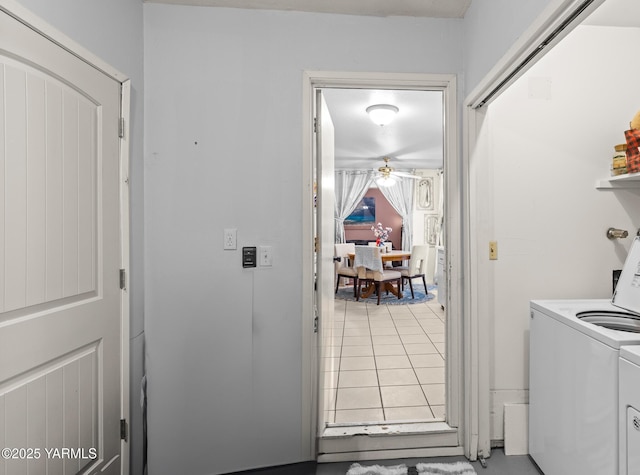 7610 Summitview Ave # 1, Yakima, WA 98908 - washroom with washer and clothes dryer, ceiling fan, and light tile patterned floors