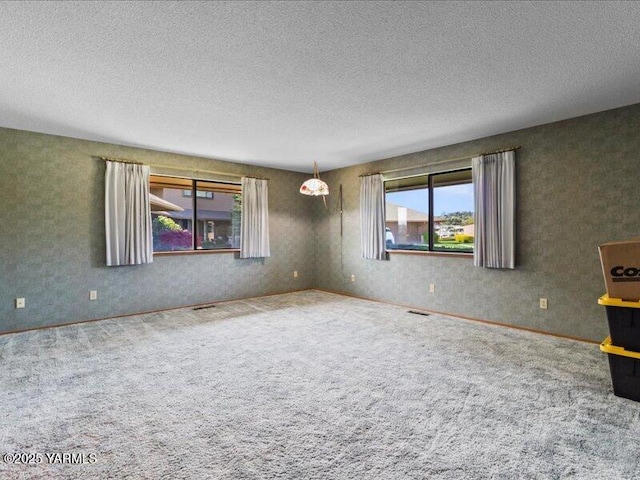 unfurnished room featuring a wealth of natural light, visible vents, a textured ceiling, and carpet floors
