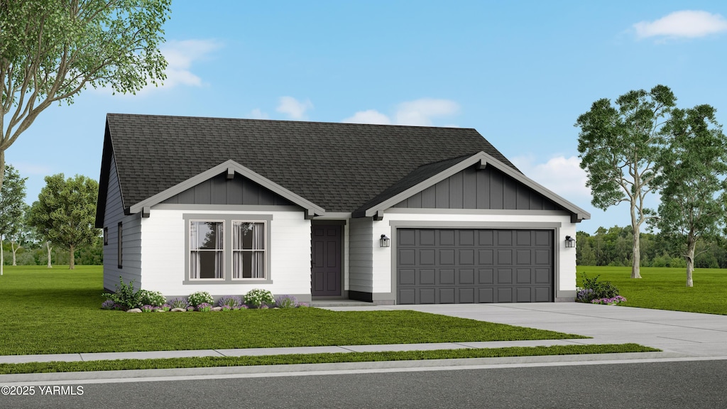 4801 W Woolsey Dr, Yakima, WA 98903 - view of front of home with board and batten siding, a garage, and a front lawn