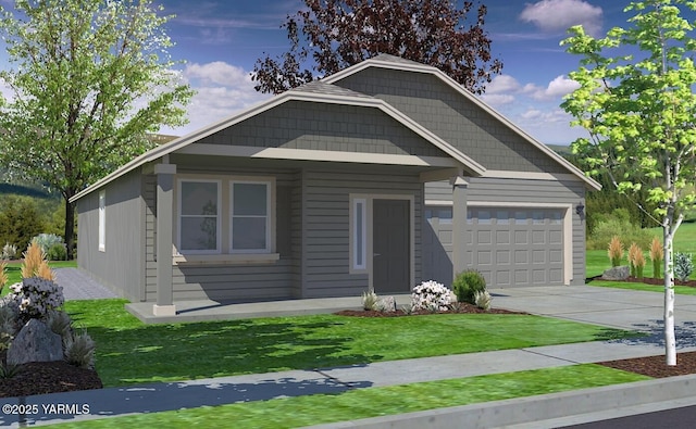 view of front of house with a garage, concrete driveway, and a front yard