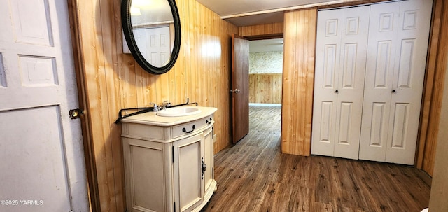 4511 Englewood Ave, Yakima, WA 98908 - bathroom with wood finished floors, wood walls, and vanity