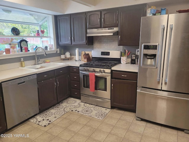 kitchen featuring appliances with stainless steel finishes, under cabinet range hood, a sink, light countertops, and decorative backsplash