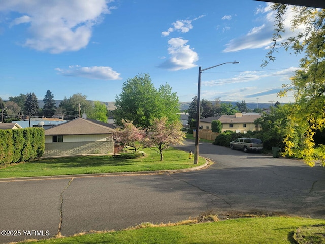 view of asphalt street with street lighting and curbs