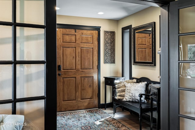 entrance foyer with recessed lighting and wood finished floors