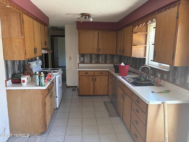 kitchen with a sink, open shelves, electric range, under cabinet range hood, and light countertops