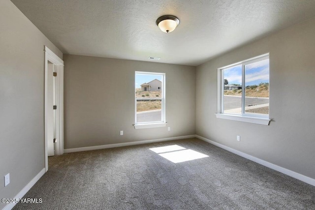carpeted spare room featuring baseboards and a textured ceiling