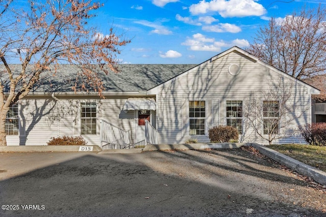 view of front of house with a shingled roof, entry steps, and uncovered parking