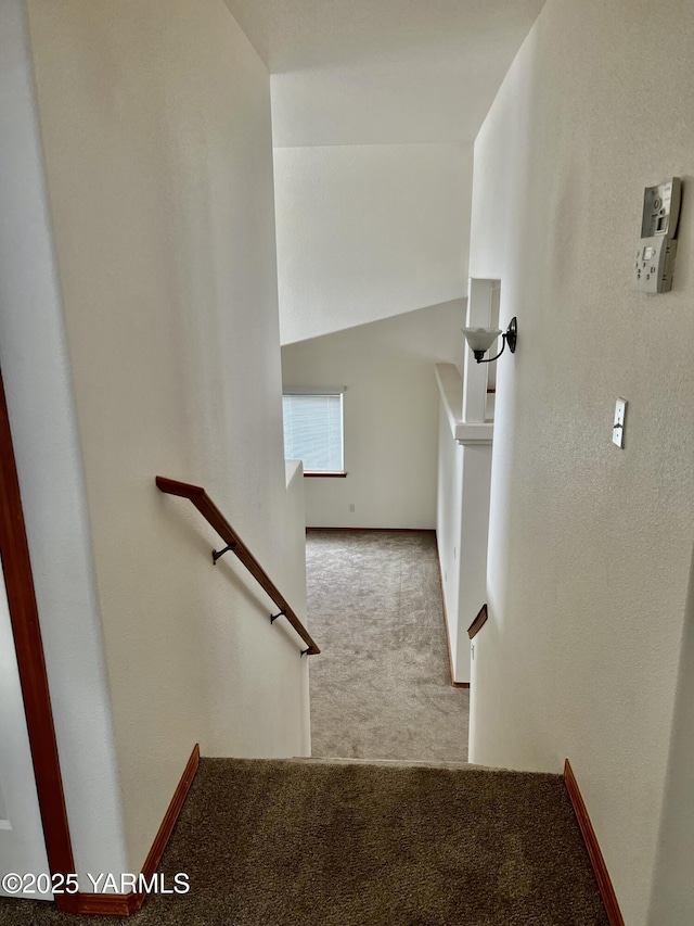 stairway featuring carpet flooring, vaulted ceiling, and baseboards