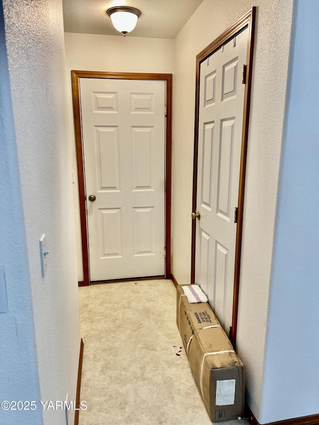 hallway featuring light carpet and a textured wall