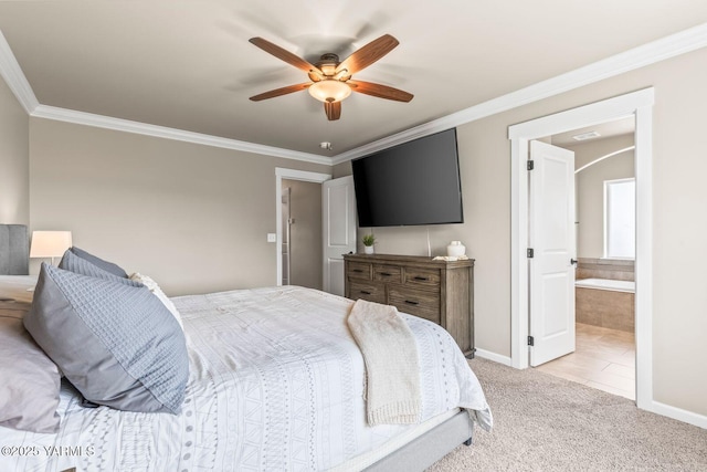 1589 Valhalla Loop, Selah, WA 98942 - bedroom featuring baseboards, ornamental molding, light carpet, a ceiling fan, and ensuite bath