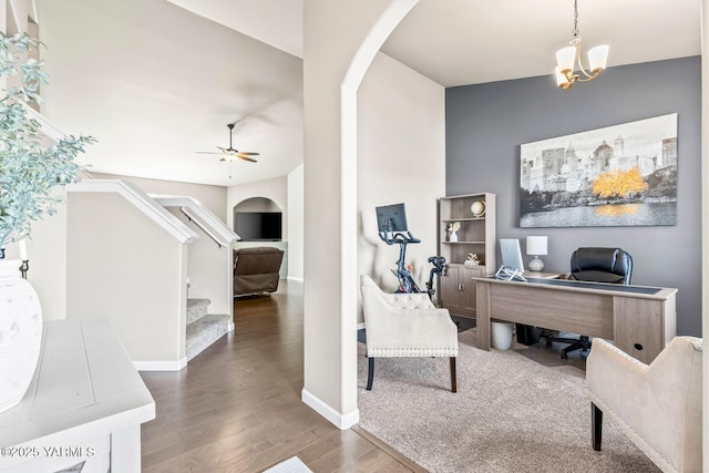 1589 Valhalla Loop, Selah, WA 98942 - office with arched walkways, wood finished floors, a ceiling fan, and baseboards