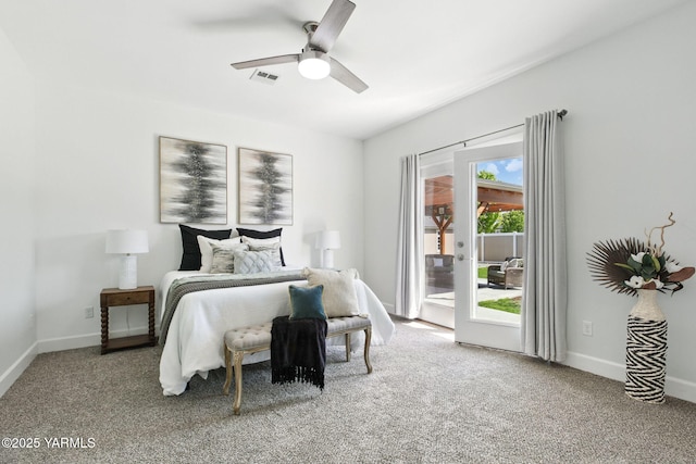 bedroom with visible vents, carpet, baseboards, and access to exterior