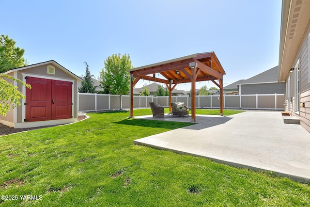 view of yard with an outdoor structure, a fenced backyard, a patio area, and a storage shed