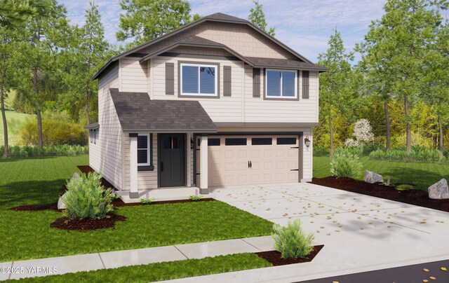 view of front of property featuring driveway, an attached garage, a front lawn, and roof with shingles