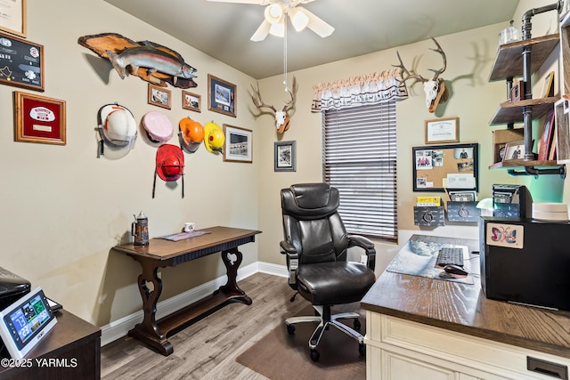 home office featuring ceiling fan, light wood-style flooring, and baseboards