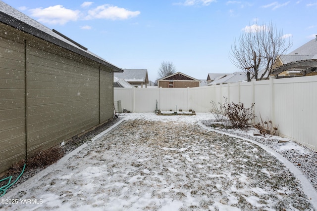 yard covered in snow featuring a fenced backyard