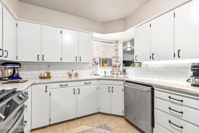 kitchen with a sink, white cabinetry, backsplash, and stainless steel appliances