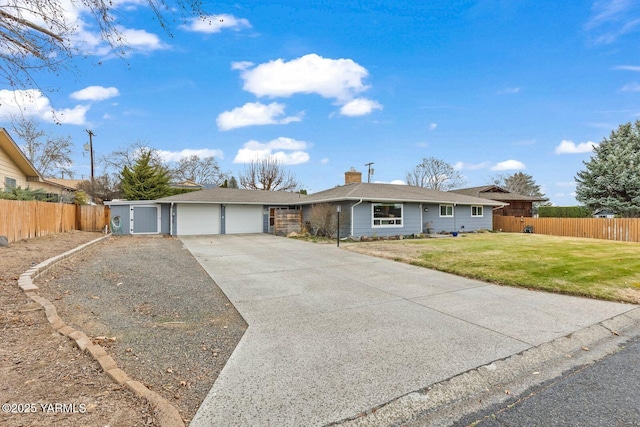 ranch-style house with a front yard, fence, a garage, and a chimney