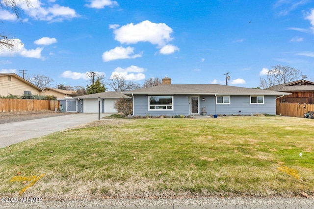 ranch-style house with driveway, a chimney, a front yard, and fence