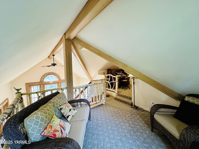 1465 Cook Rd, Yakima, WA 98908 - interior space featuring carpet flooring, lofted ceiling with beams, and ceiling fan