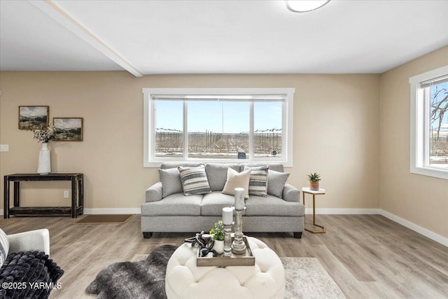 living room featuring light wood-type flooring and baseboards