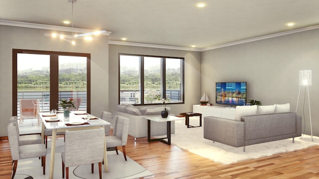 living room featuring ornamental molding and light wood-type flooring