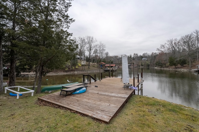 dock area featuring a water view and a yard