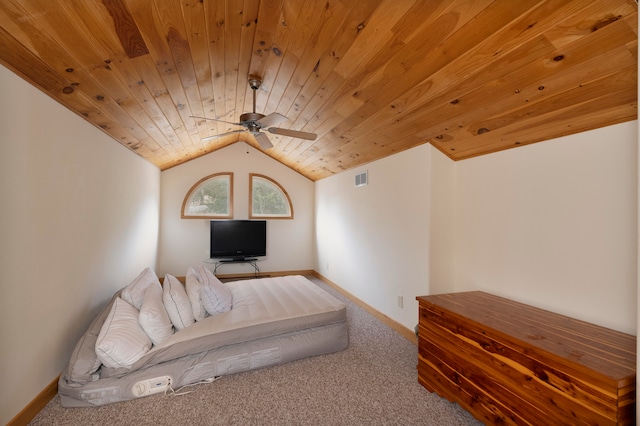 unfurnished bedroom with carpet floors, ceiling fan, lofted ceiling, and wood ceiling